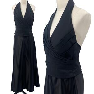 Vintage 90s Tadashi Halter Gown Pleated Bodice Taffeta Fit & Flare Maxi Black S